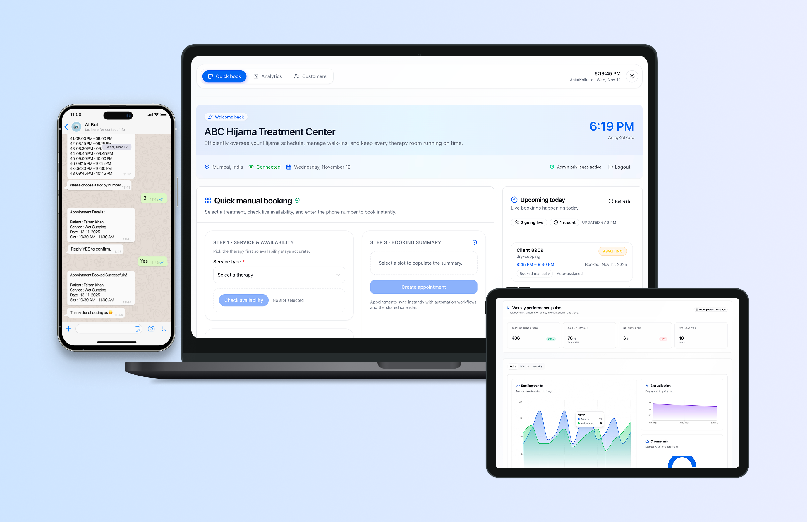Dashboard with WhatsApp booking assistant and analytics panels