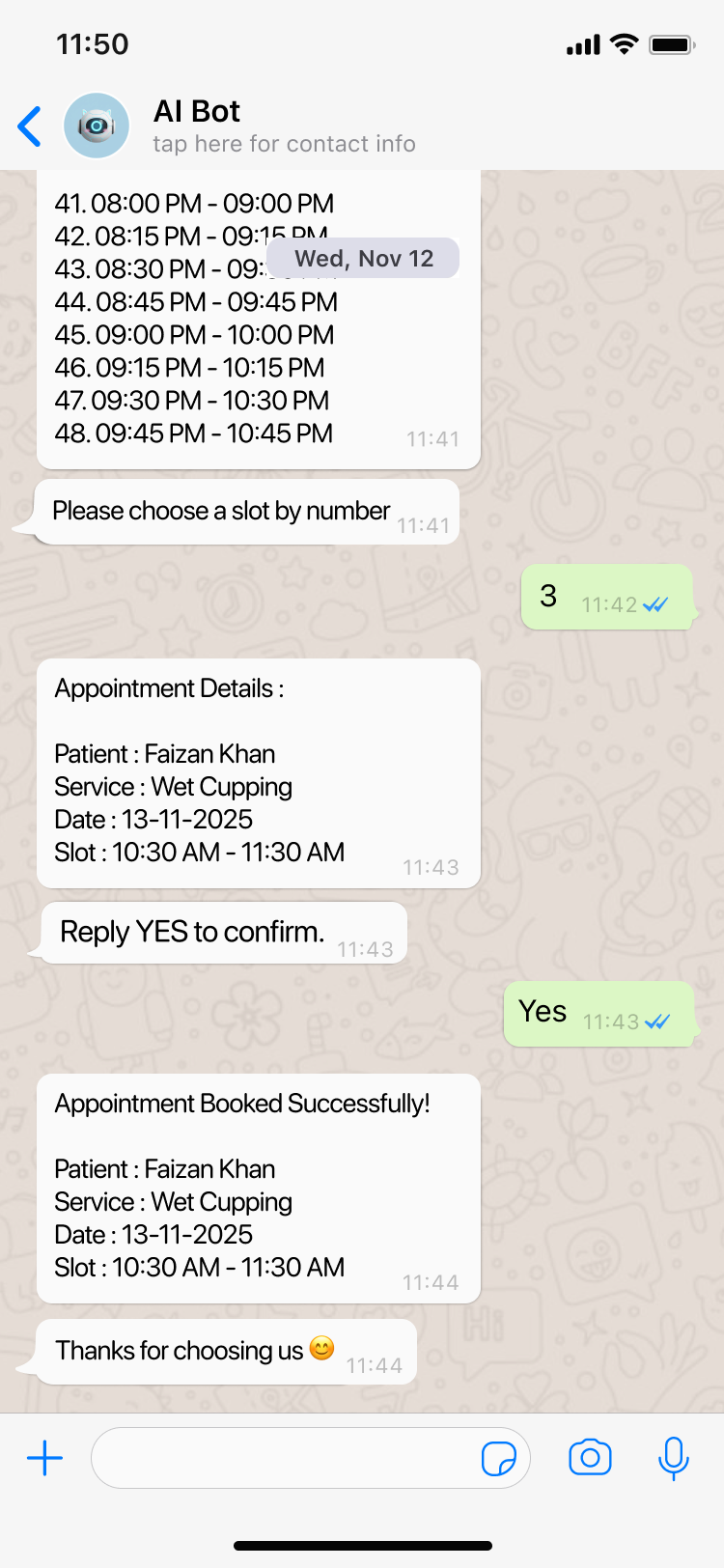 WhatsApp chat thread showing confirmation messages